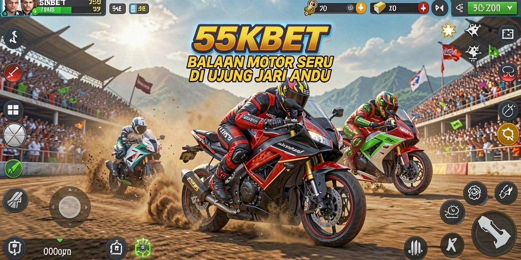 Tampilan screenshot utama 55KBET dengan aksi balapan motor yang intens.