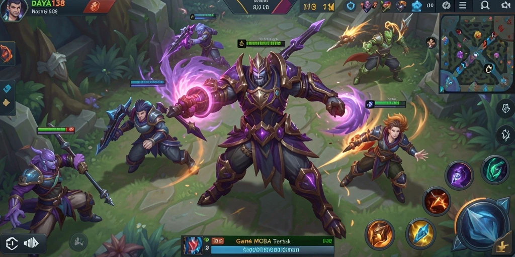 Screenshot utama DAYA138 memperlihatkan aksi intens dalam pertandingan MOBA.