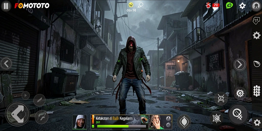 Screenshot gameplay FOMOTOTO yang menampilkan suasana horor yang mencekam.