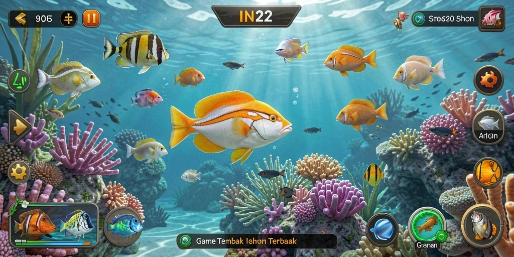 Tangkapan layar utama gameplay IN22 menampilkan aksi menembak ikan yang seru.