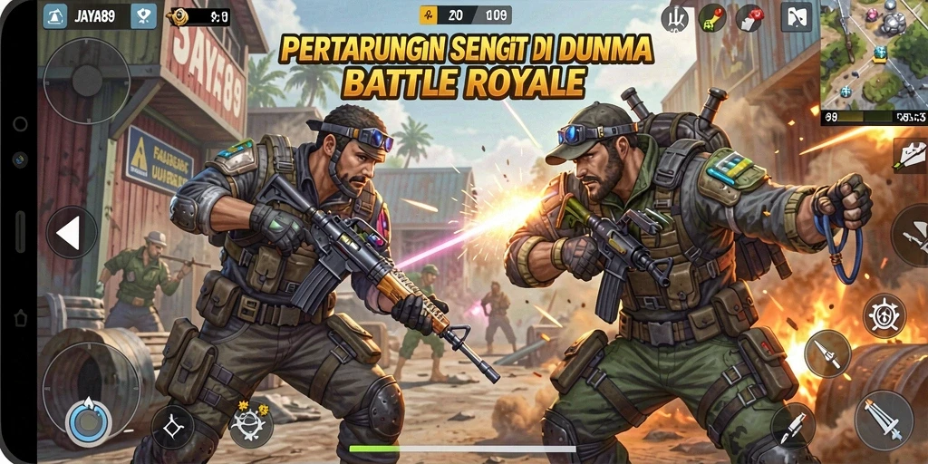 Tangkapan layar utama JAYA89 menampilkan aksi pertarungan Battle Royale yang menegangkan.