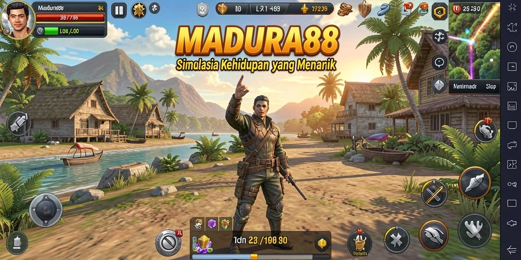 Tampilan gameplay <strong>MADURA88</strong> dengan interaksi karakter yang menarik.