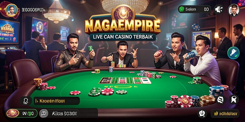 Screenshot gameplay NAGAEMPIRE menampilkan dealer langsung dan suasana kasino yang mendebarkan.