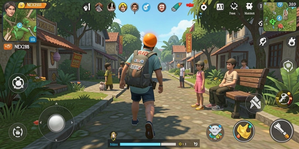 Screenshot gameplay NEX288 menunjukkan interaksi karakter dalam simulasi kehidupan.