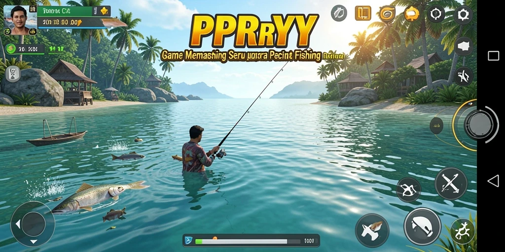 Tampilan gameplay seru PPRRYY dengan berbagai lokasi memancing.