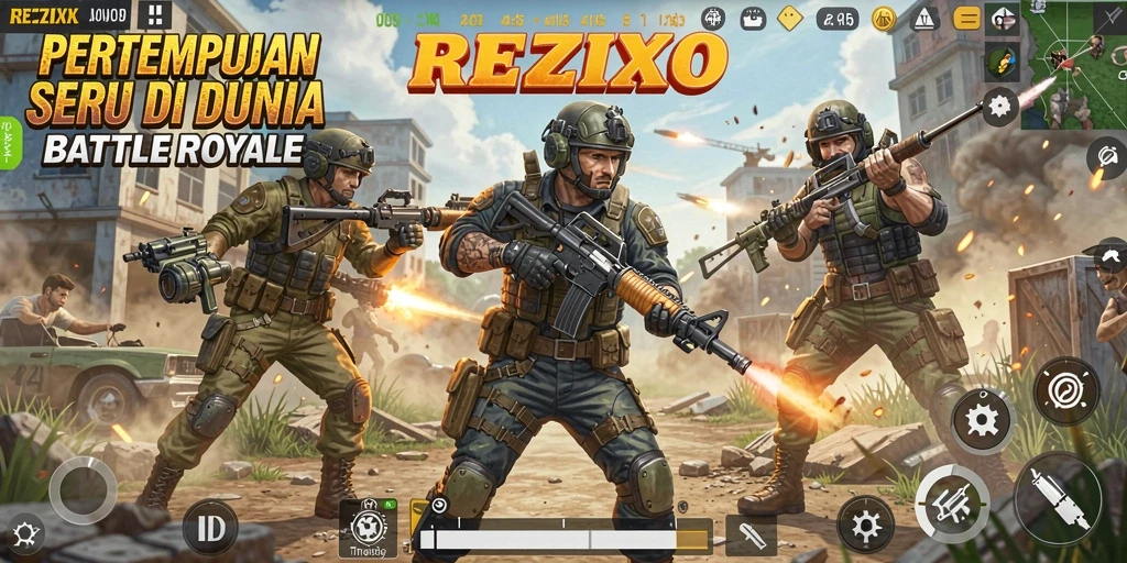 Tangkapan layar gameplay <strong>REZIXO</strong> yang menunjukkan aksi pertarungan Battle Royale.