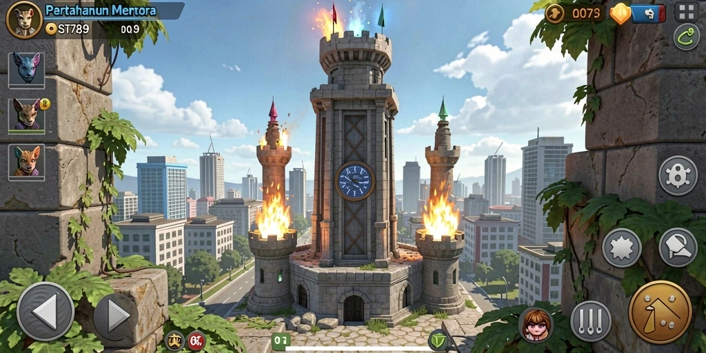 Screenshot ST789 menampilkan gameplay menara pertahanan yang seru.