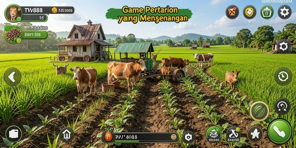 Tangkapan layar gameplay <strong>TV888</strong> menampilkan ladang yang luas dengan tanaman subur dan hewan ternak.