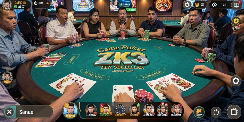 Tangkapan layar utama ZK3 menampilkan suasana meja Poker yang dinamis.